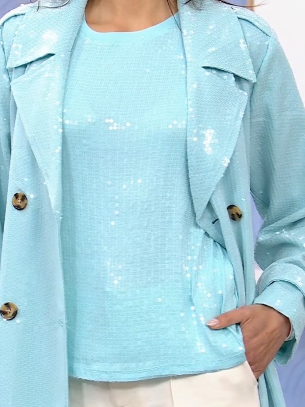 NEW G by Giuliana Blue Sky Sequin Knit Short Sleeve Tee